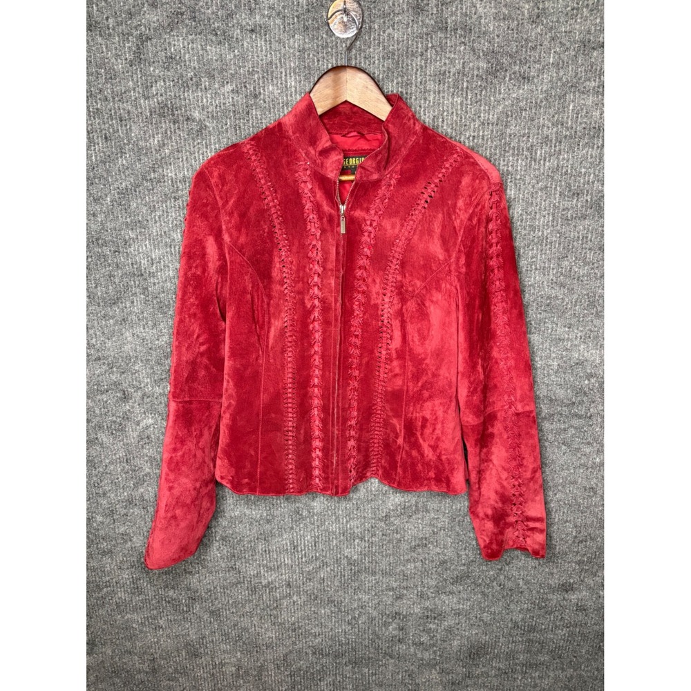 Georgiou Studio Red Genuine Leather Zip Jacket Womens 10 Whipstitch Braided Y2K
